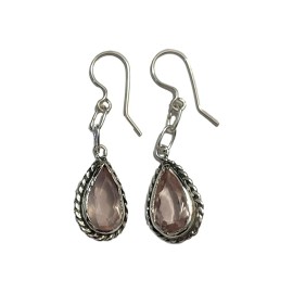 BRINCO QUARTZO ROSA GOTA LAPIDADE EM PRATA 925 - ID 6188