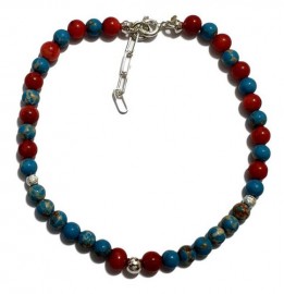 Pulseira Jaspe Imperial E Coral Em Prata - Id 5457