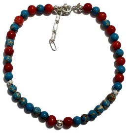 Pulseira Jaspe Imperial E Coral Em Prata - Id 5457