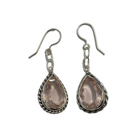 BRINCO QUARTZO ROSA GOTA LAPIDADA  PRATA 925 - ID 6187